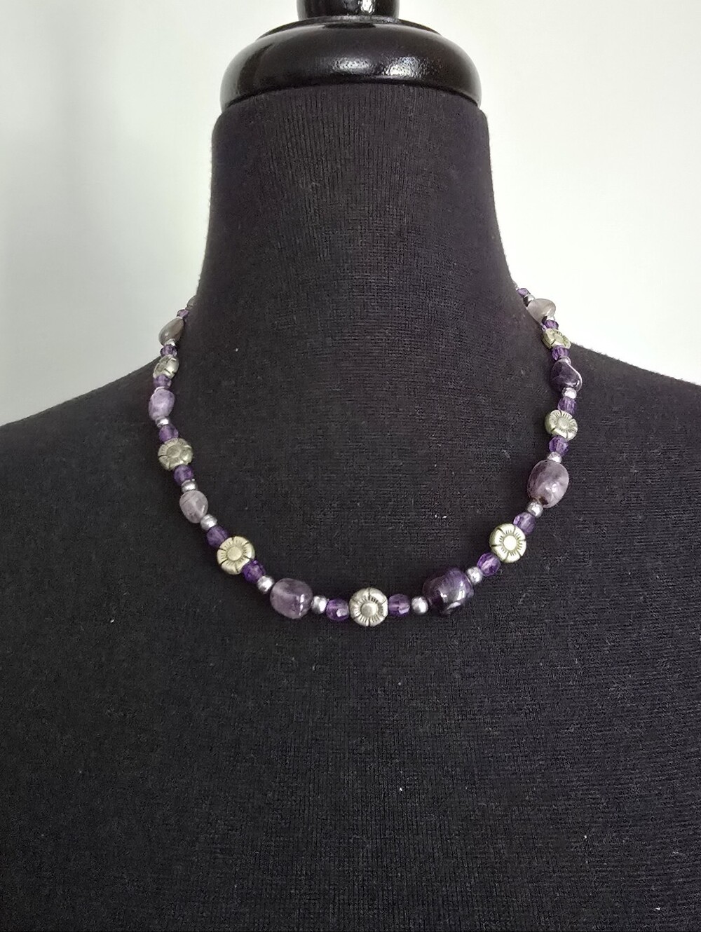 Handcrafted Amethyst Beaded Necklace with Silver Tone Flower Accents